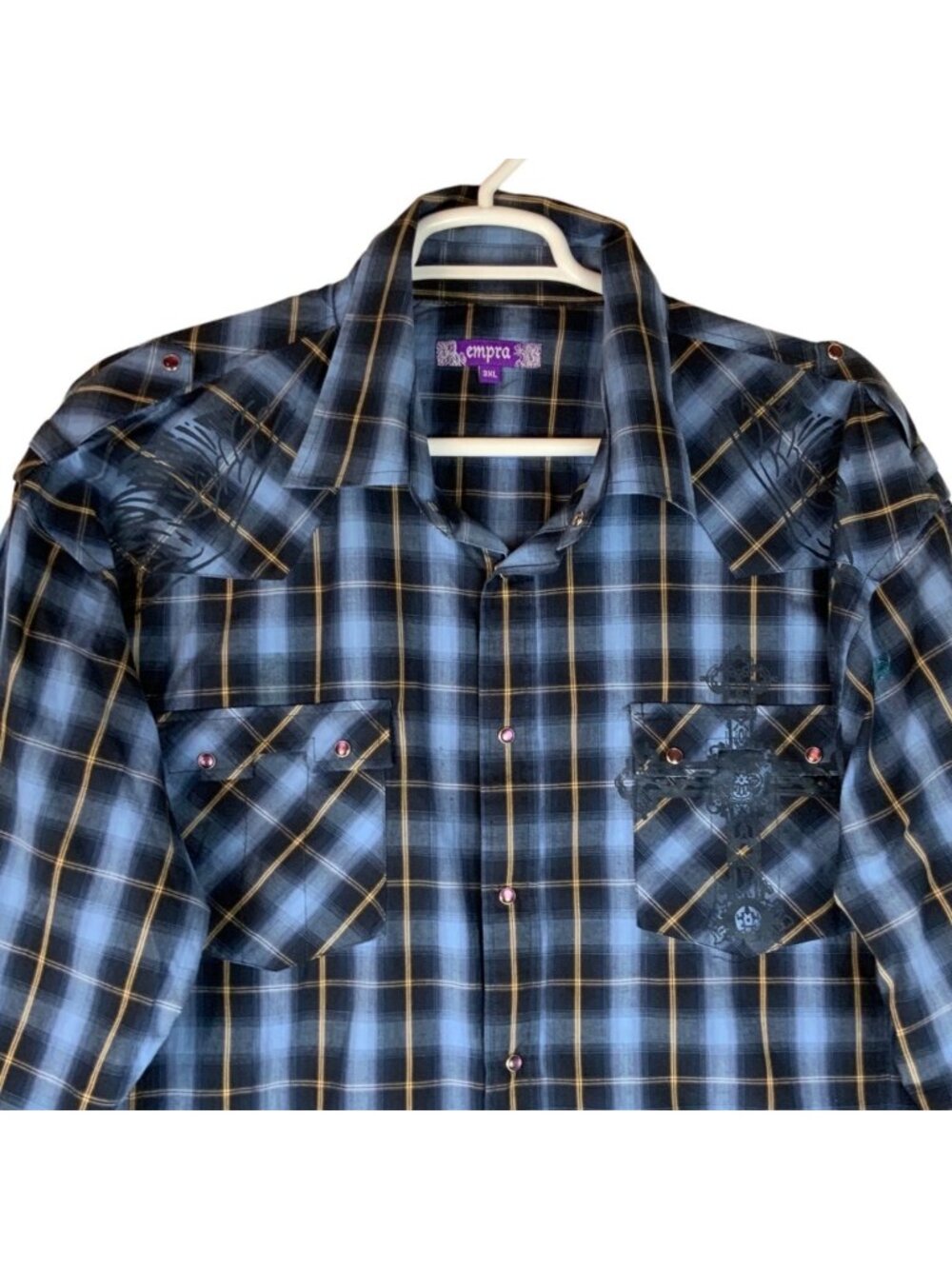 Empra Mens 3XL Plaid Western Shirt Cross Angel Wings Detail Diamond Snaps